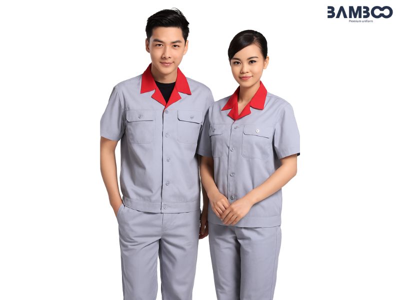 Bộ quần áo bảo hộ kỹ thuật xám đỏ bền bỉ, thoáng mát, thiết kế tiện dụng