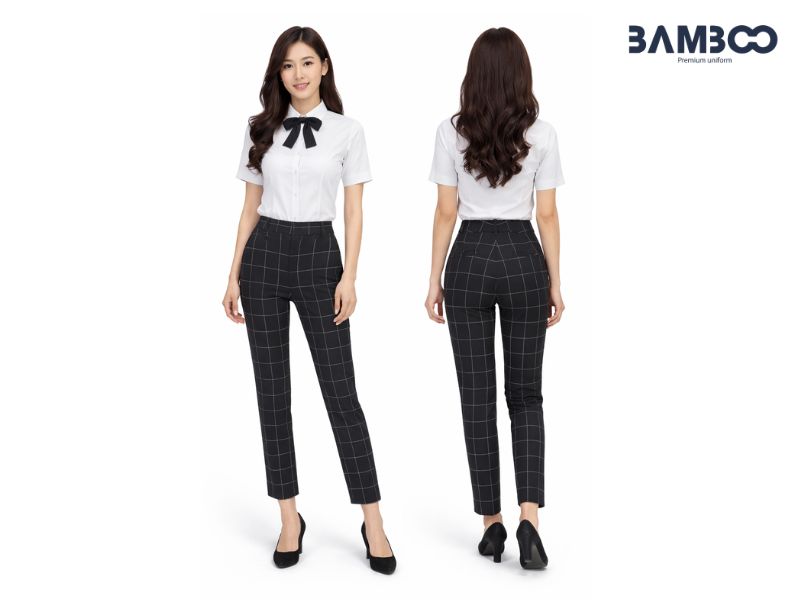 Bamboo Uniform may quần tây đồng phục đen xám caro nữ cao cấp