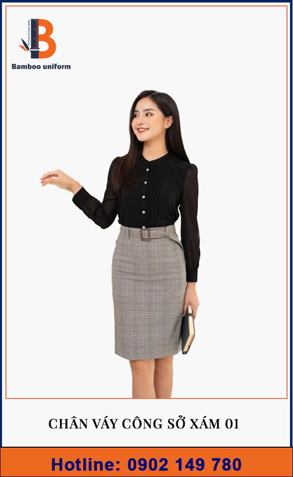 Chân váy công sở xám caro đồng phục