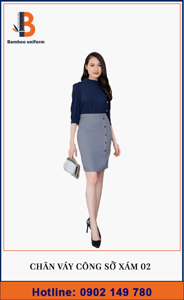 Chân váy công sở xám đính cúc sườn