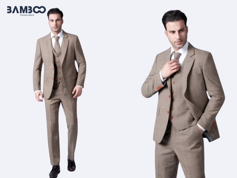 Đồng phục vest nam 3 mảnh màu nâu be
