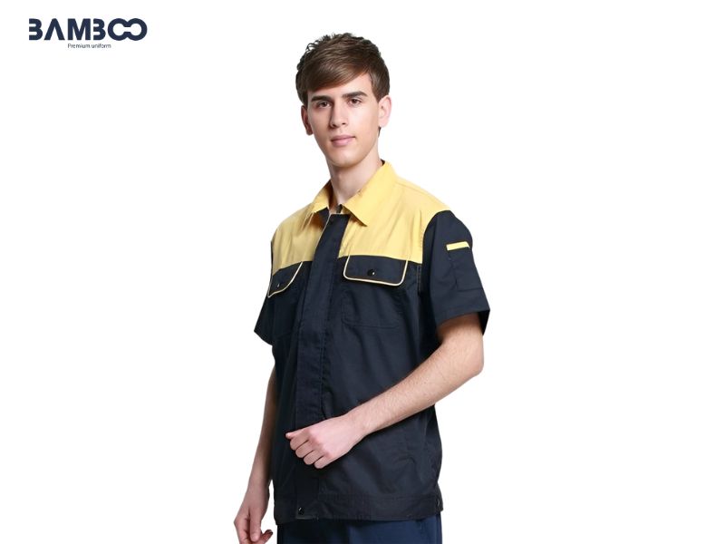 Áo đồng phục nhân viên kỹ thuật vàng xanh phối màu hiện đại, thiết kế tiện dụng