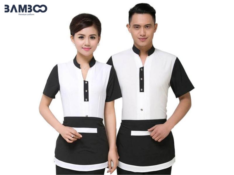 Áo phục vụ trắng đen thiết kế cổ tàu, phối màu tinh tế, gọn gàng, tiện dụng, bền đẹp
