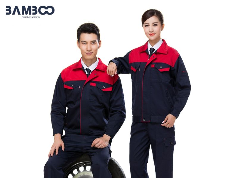 Mẫu quần áo bảo hộ màu đen viền đỏ mang đến diện mạo mạnh mẽ, hiện đại và chuyên nghiệp cho đội ngũ kỹ thuật, kỹ sư