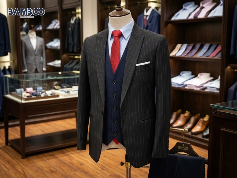 Vest đồng phục nam đen sọc kẻVest đồng phục nam đen sọc kẻ lịch lãm, phối gile navy và cà vạt đỏ