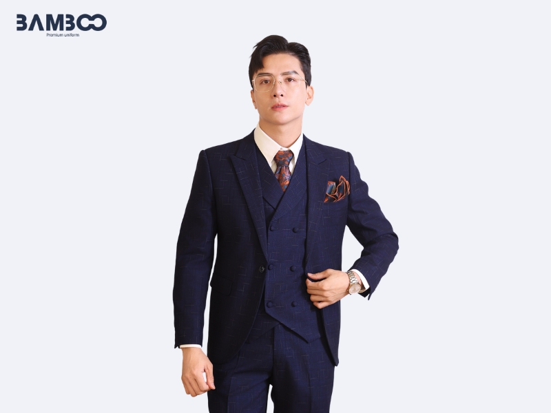 Vest nam xanh dương đậm họa tiết caro