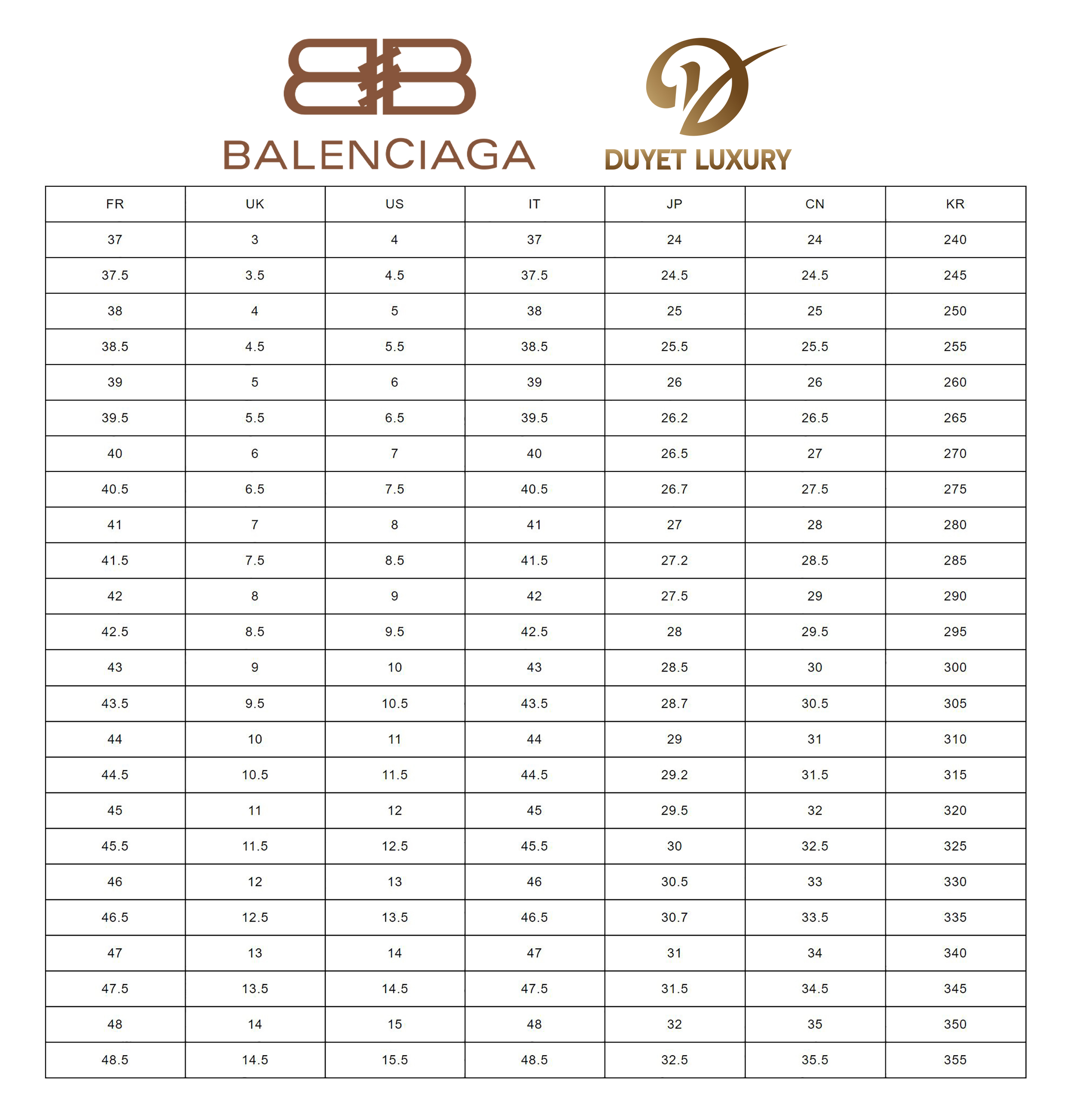 Designer Shoe Size Chart Balenciaga Best Design Idea