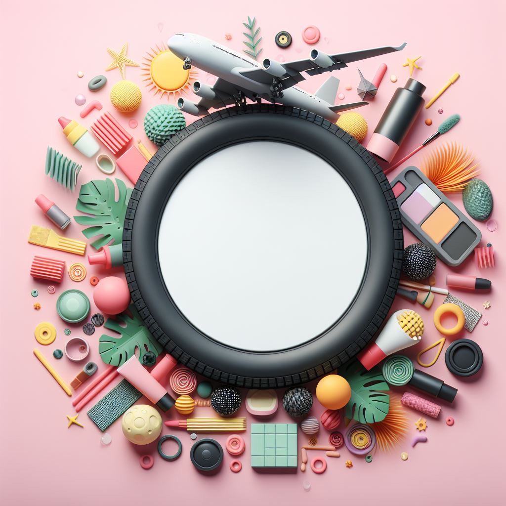 Create product of decor template, decorated with tires rubber plane element as cosmetic, minimalist, giant blank page in the middle, random colors. 4K