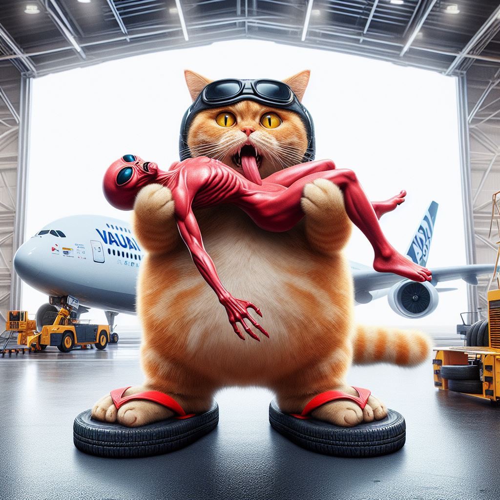 take me picture: A surreal full-angle image of a fat red cat wear tires rubber flip-flops