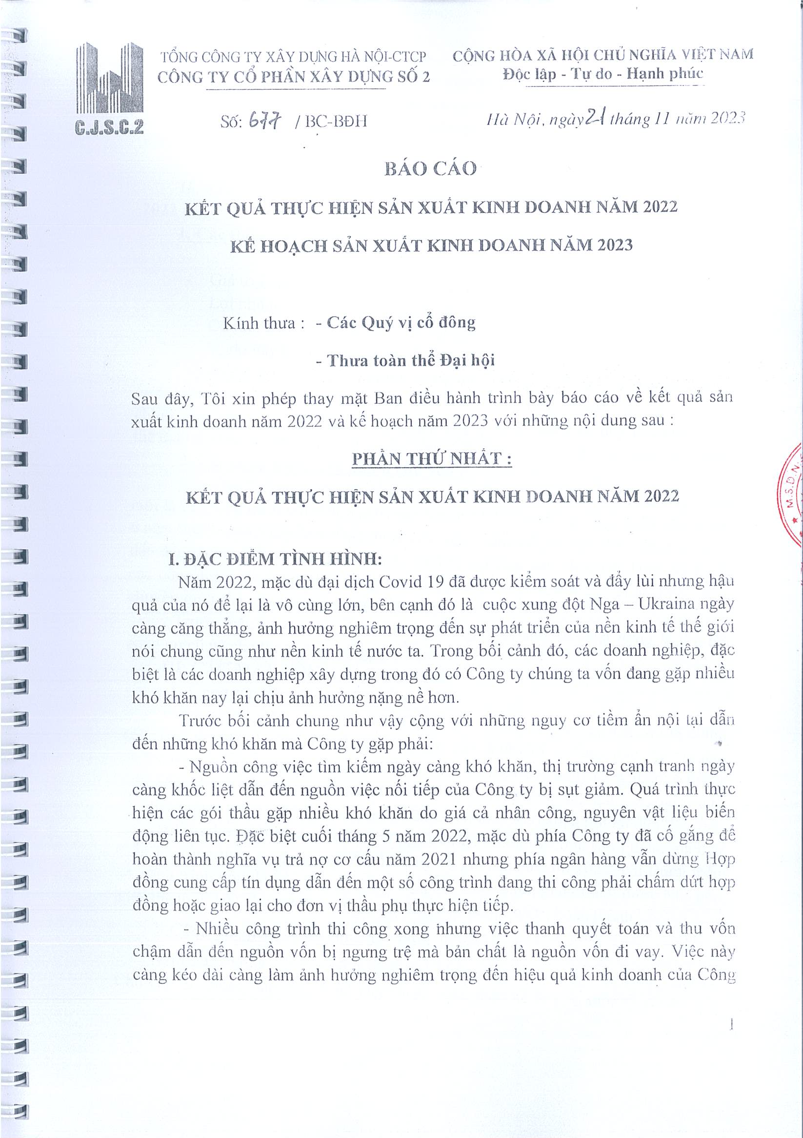 Báo cáo kết quả hoạt động SXKD năm 2022, kế hoạch hoạt động năm 2023