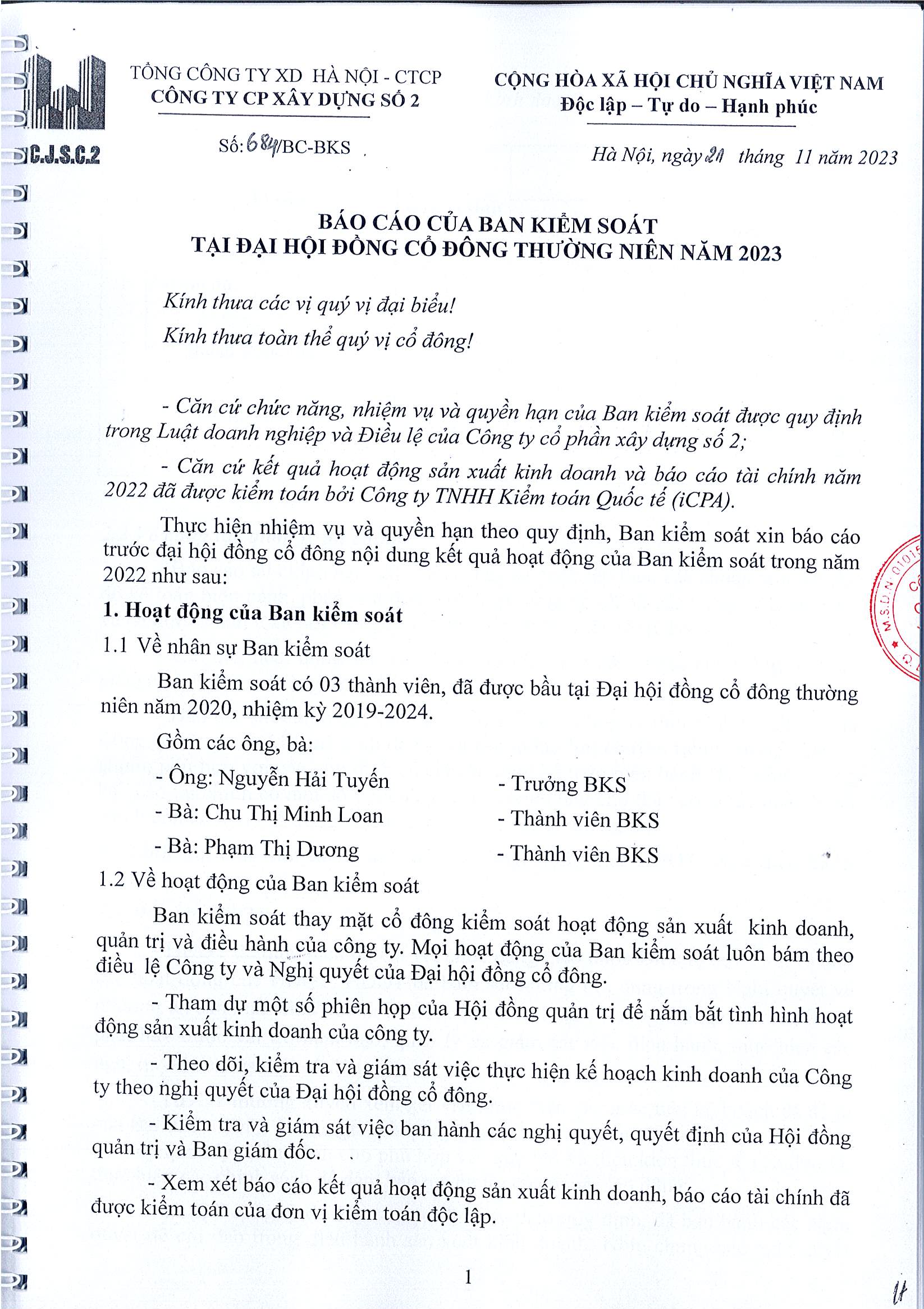 Báo cáo của Ban kiểm soát về tình hình hoạt động của Công ty năm 2022