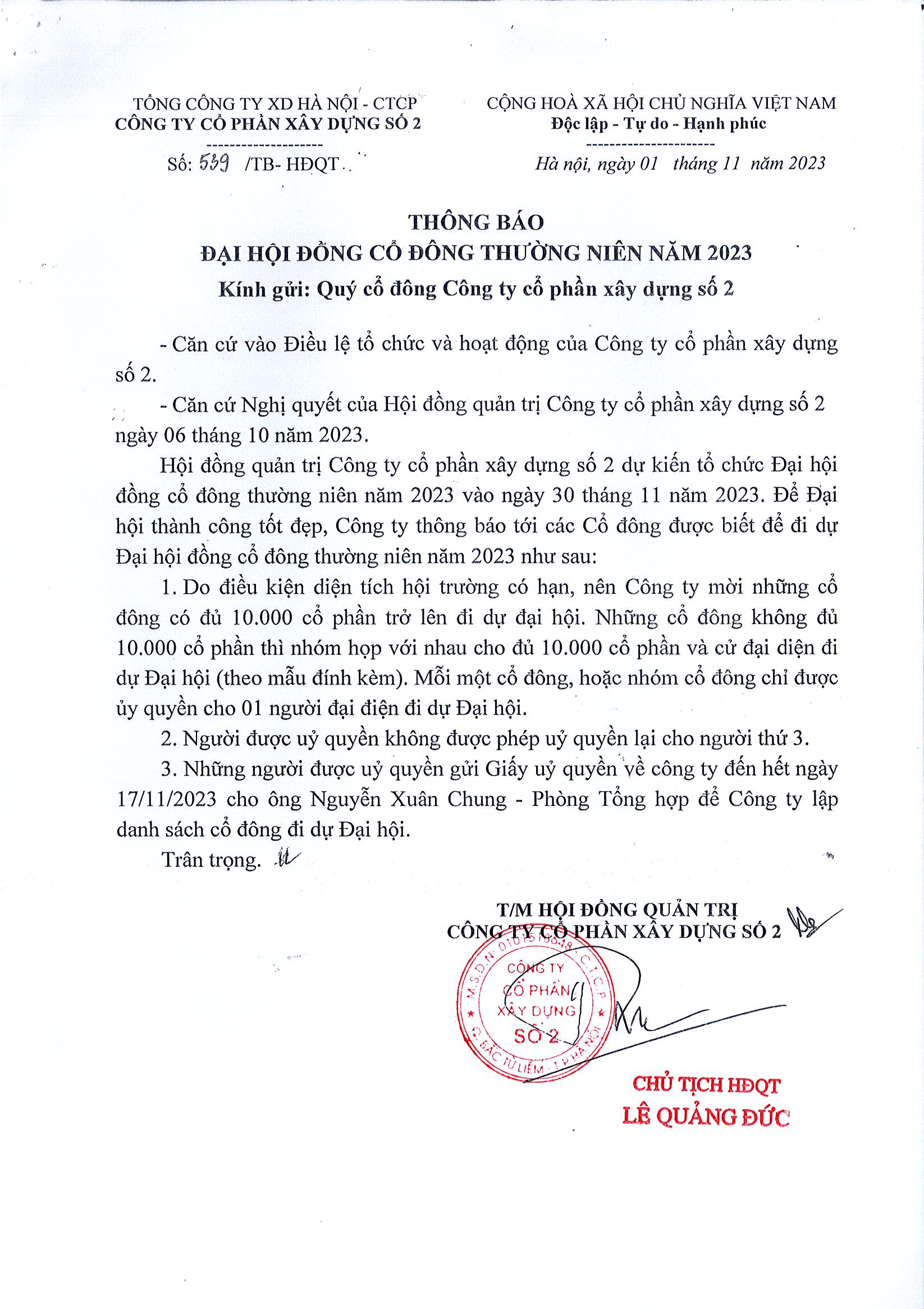 Thông báo đại hội cổ đông thường niên năm 2023