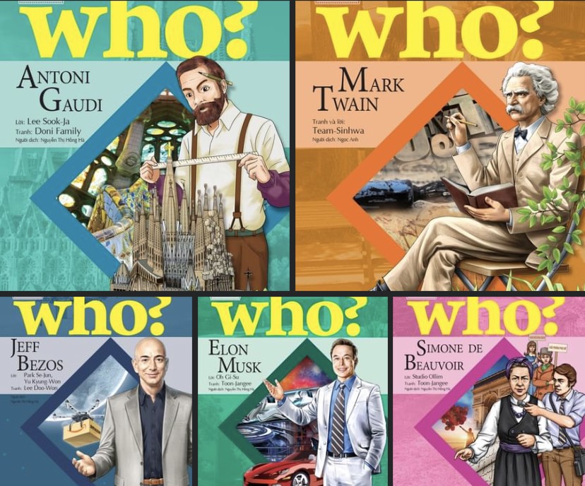 Combo 05 cuốn Who chuyện để về danh nhân thế giới: Elon Musk; Jeff Bezos; Simone de Beauvoir; Mark Twain; Antoni Gaudi