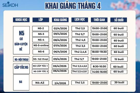 Lịch khai giảng hàng tháng 4/2026