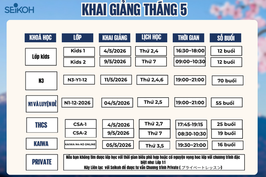 LỊCH KHAI GIẢNG THÁNG 5