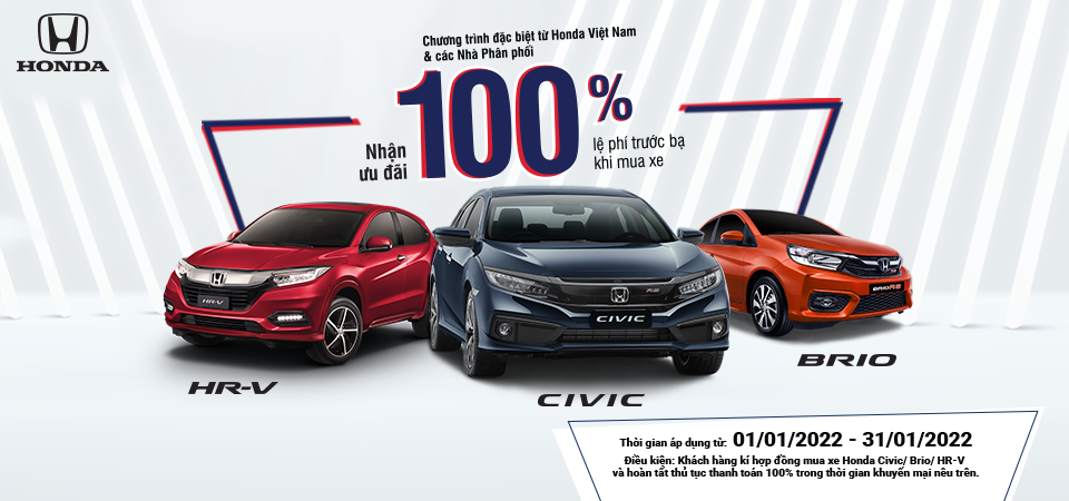 Mua xe Honda Civic, HR-V và Brio, nhận hỗ trợ 100% phí trước bạ trong tháng 1/2022