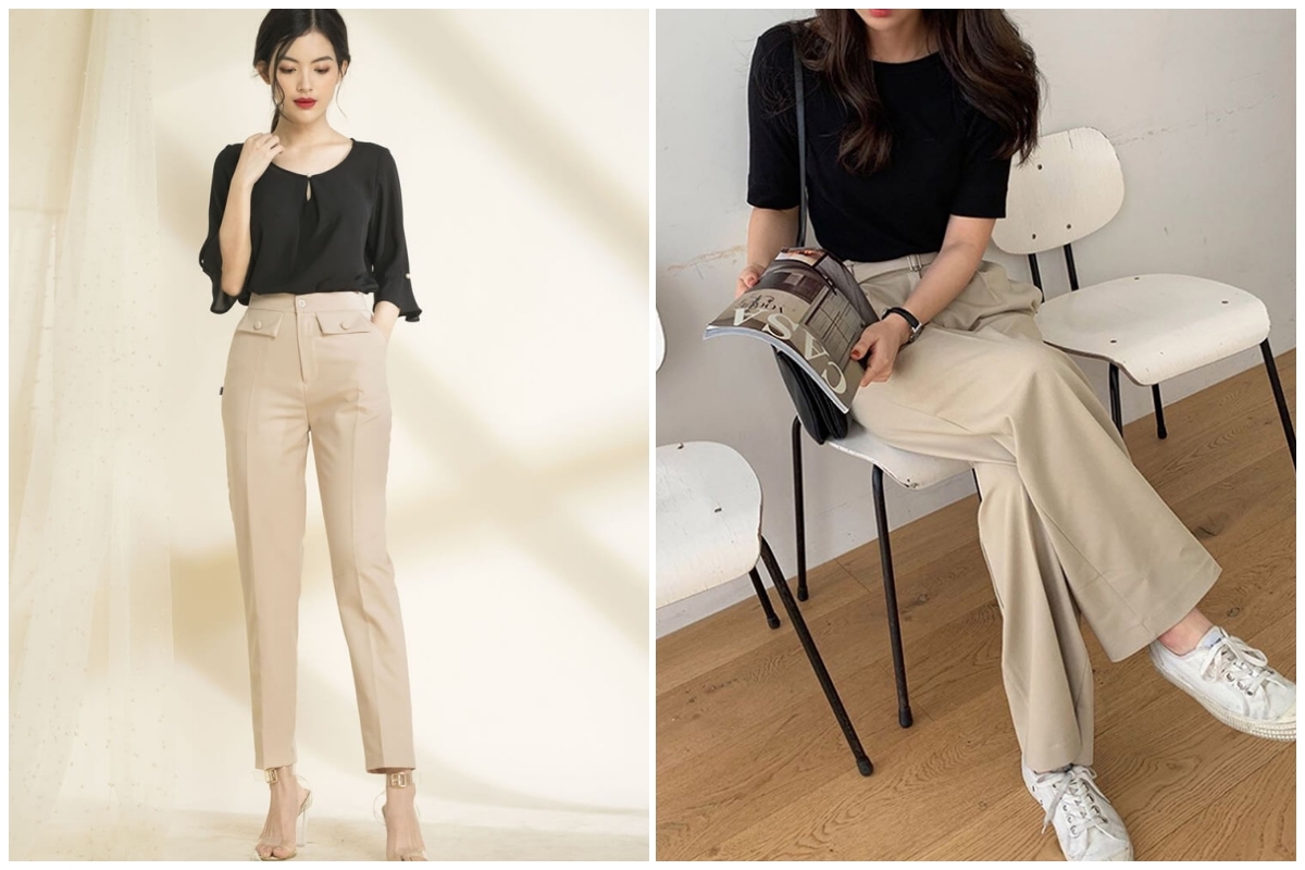 Quần be phối với áo đen 