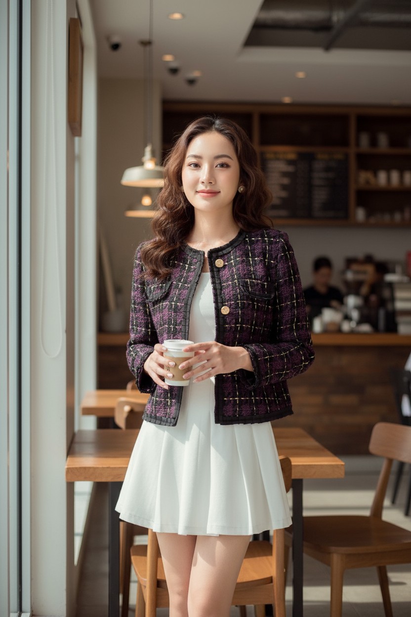 Áo tweed cổ tròn cài cúc dáng ngắn, nẹp phối dây xếp li