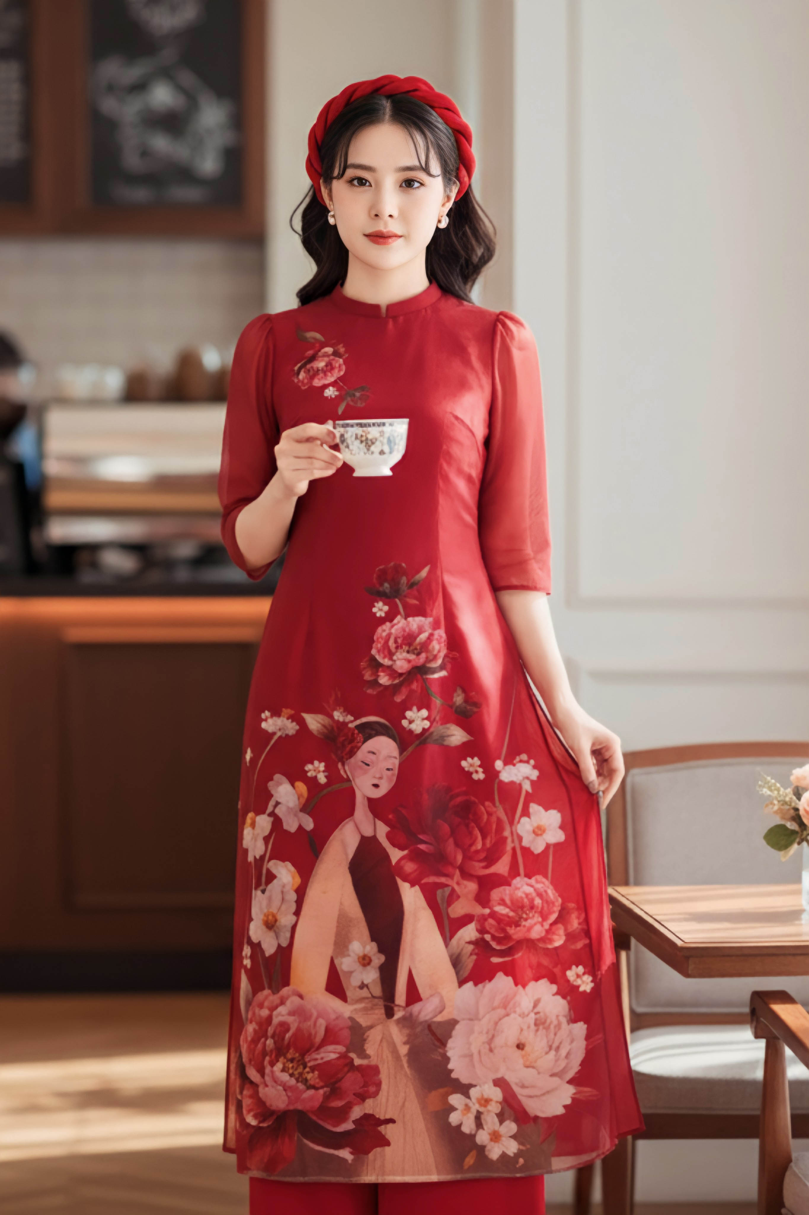 Set áo dài tơ tay bồng Văn Khôi