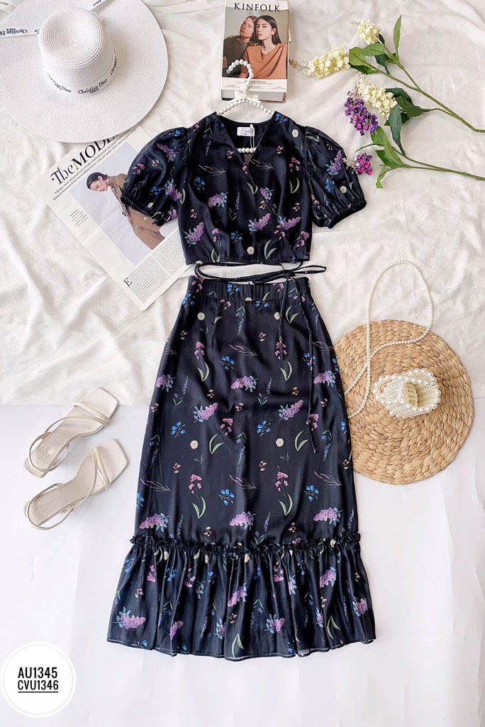 Set áo croptop vạt chéo thắt dây eo & Chân váy dài dáng nhún đuôi cá