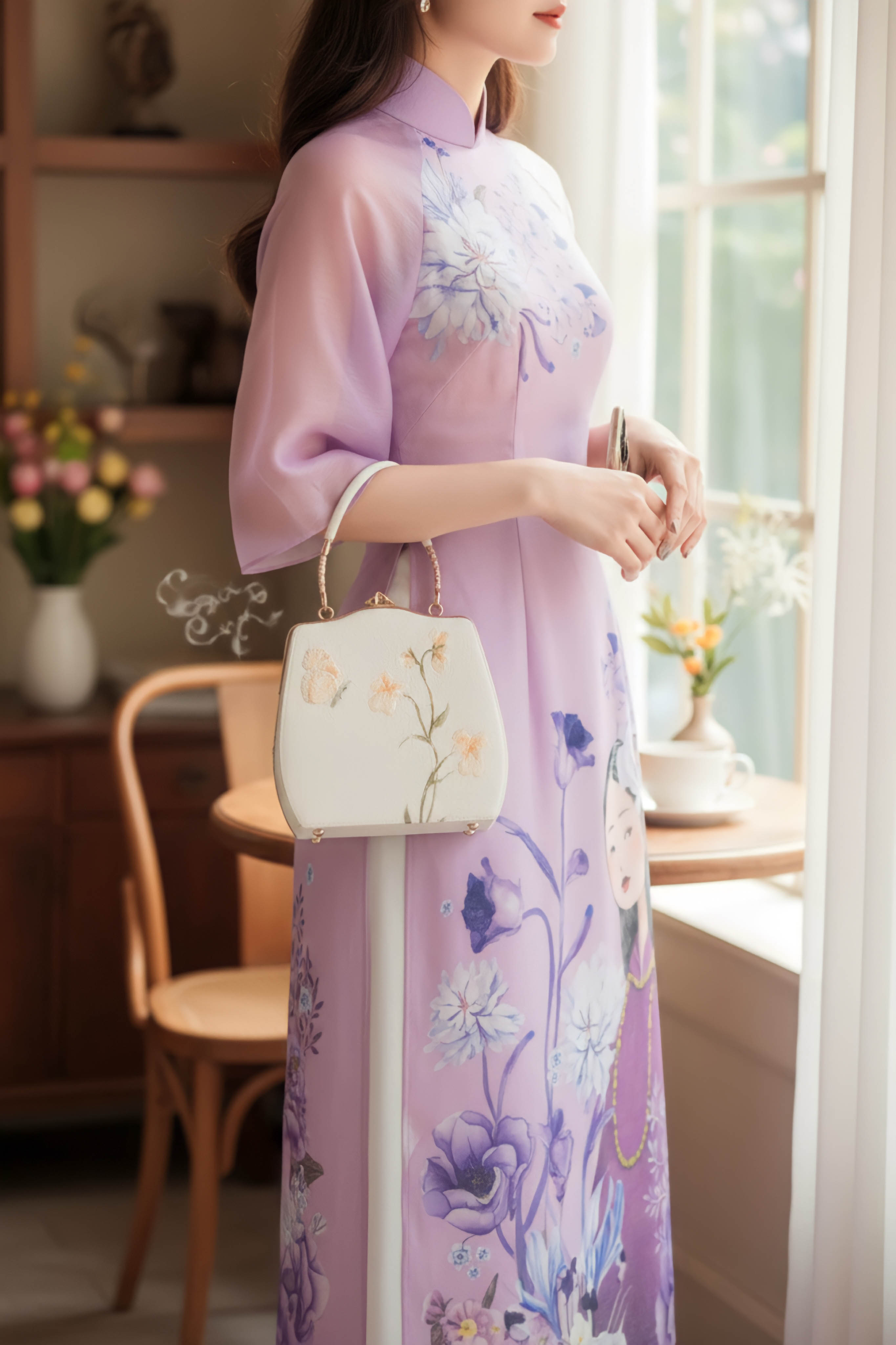 Set áo dài tơ dáng eo Cẩm Miên