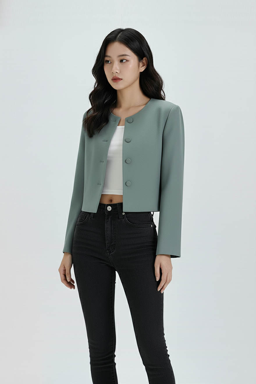 Vest ngắn cổ tròn cúc bọc