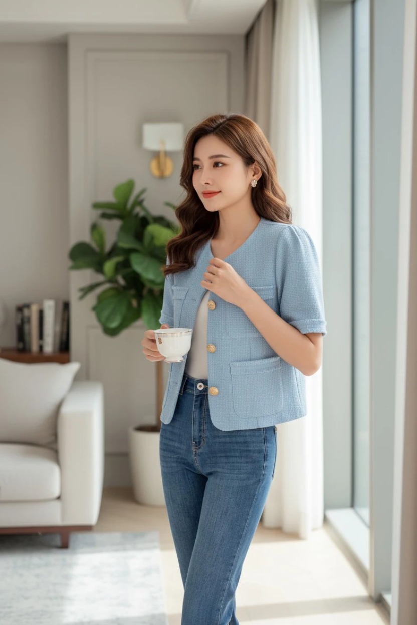 Áo tweed cổ tròn cài cúc túi ốp ngực rút tua