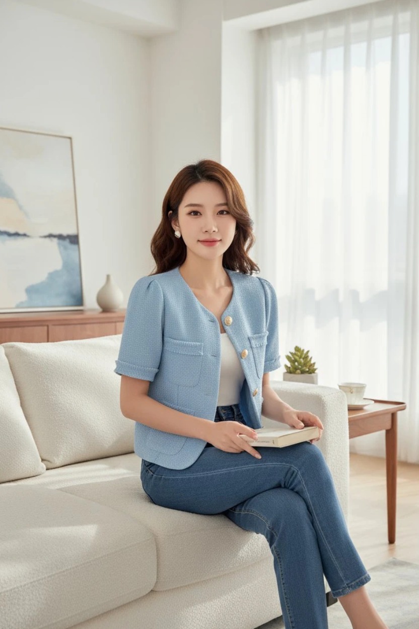 Áo tweed cổ tròn cài cúc túi ốp ngực rút tua