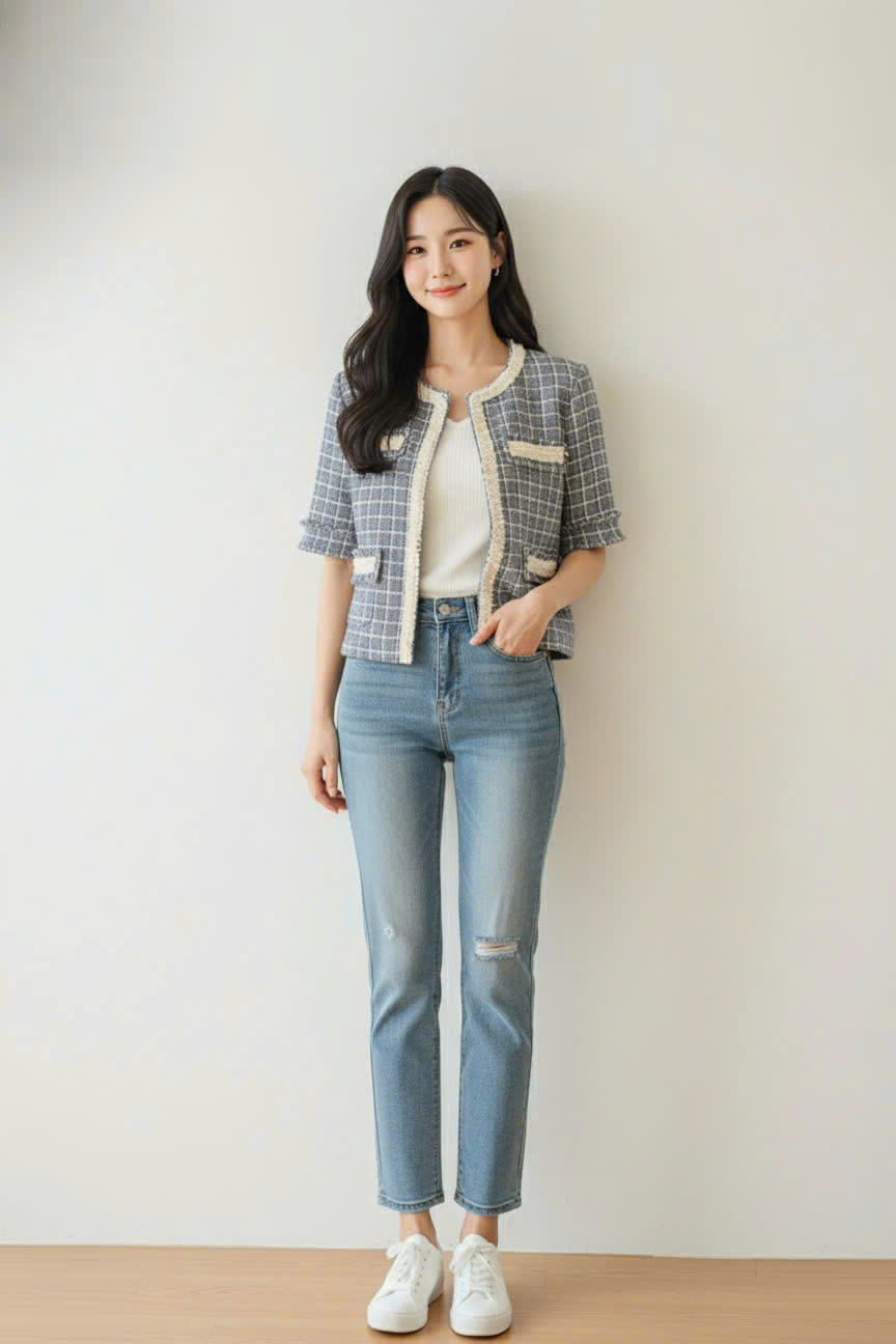 Áo tweed cổ tròn dáng suông ngắn rút rua cài cúc