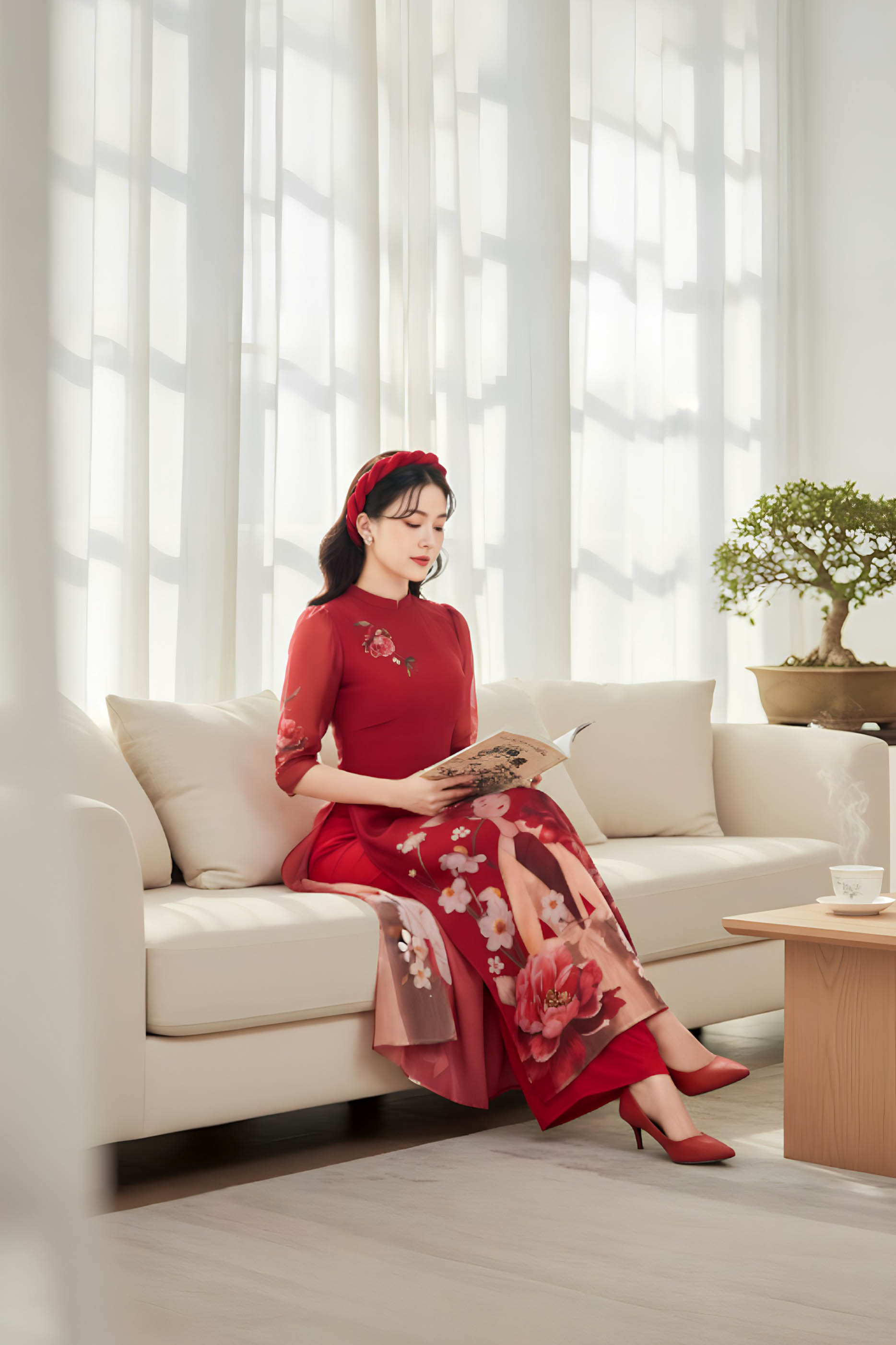 Set áo dài tơ tay bồng Văn Khôi