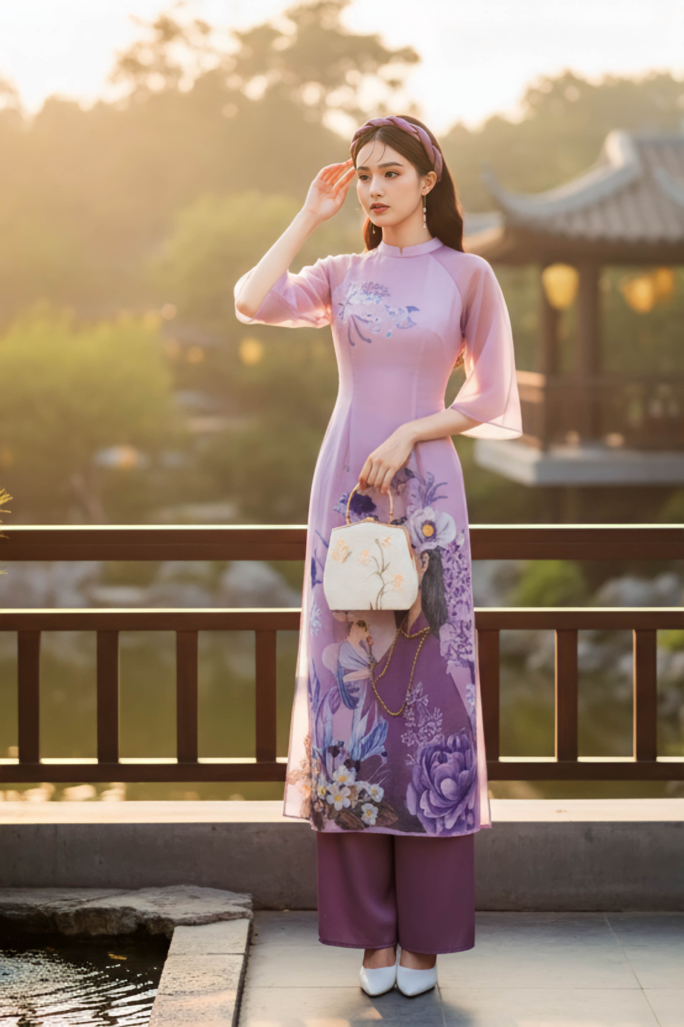 Set áo dài tơ dáng eo Cẩm Miên