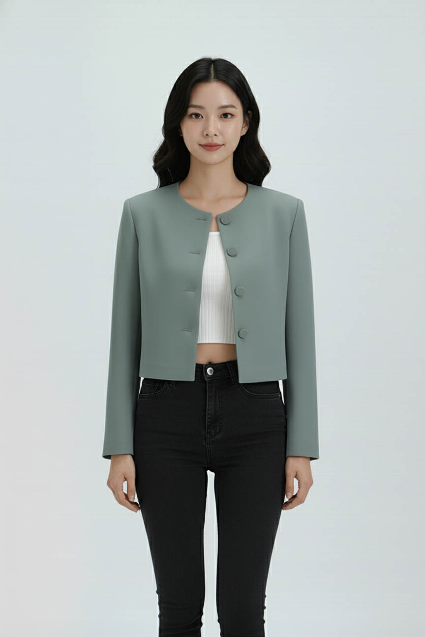 Vest ngắn cổ tròn cúc bọc