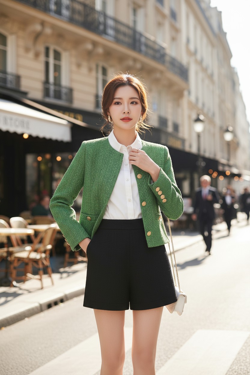 Áo tweed cổ tròn cài cúc túi cơi thân bổ mảnh