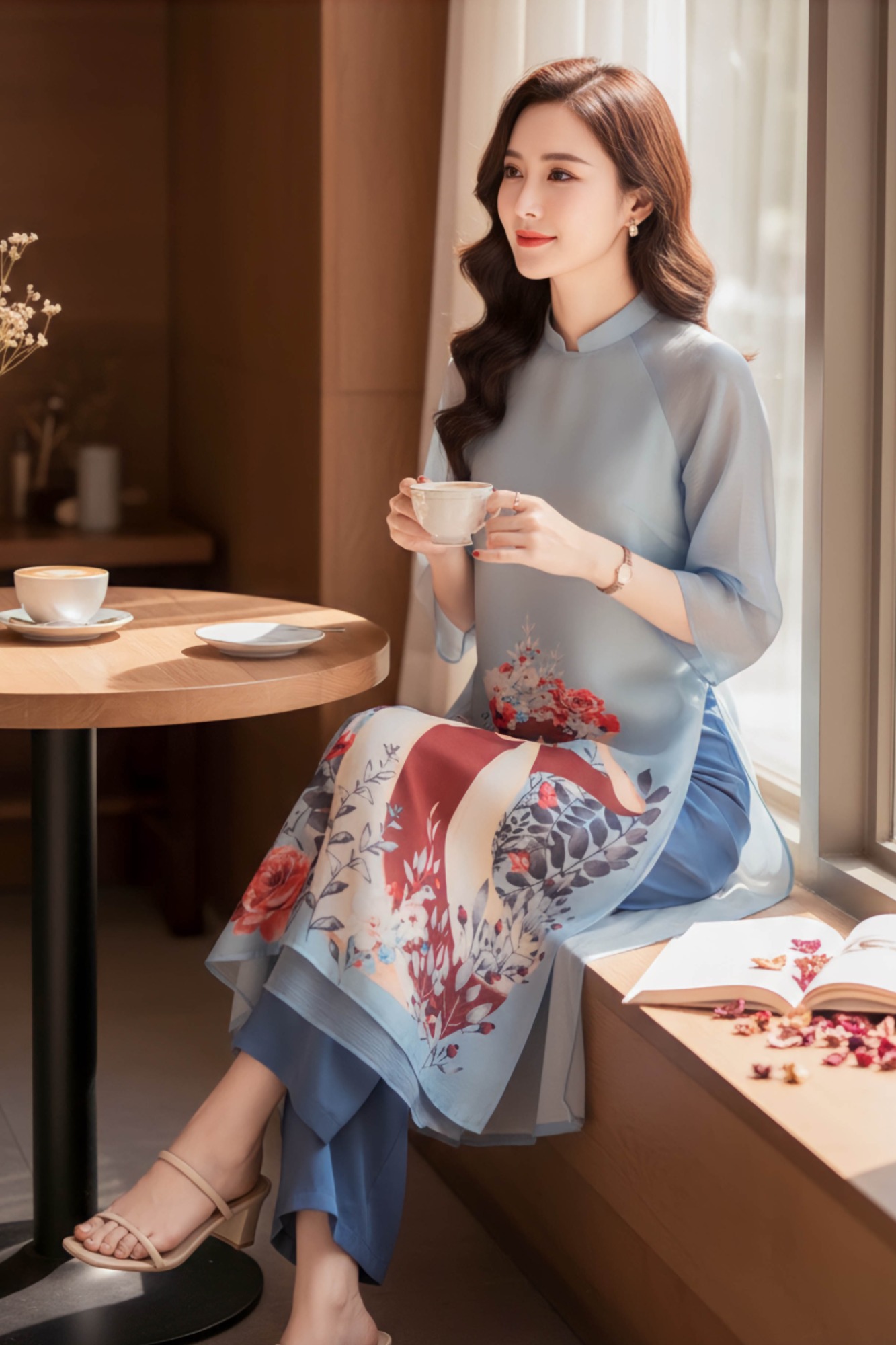 Sét áo dài in hình cô giá đội hoa