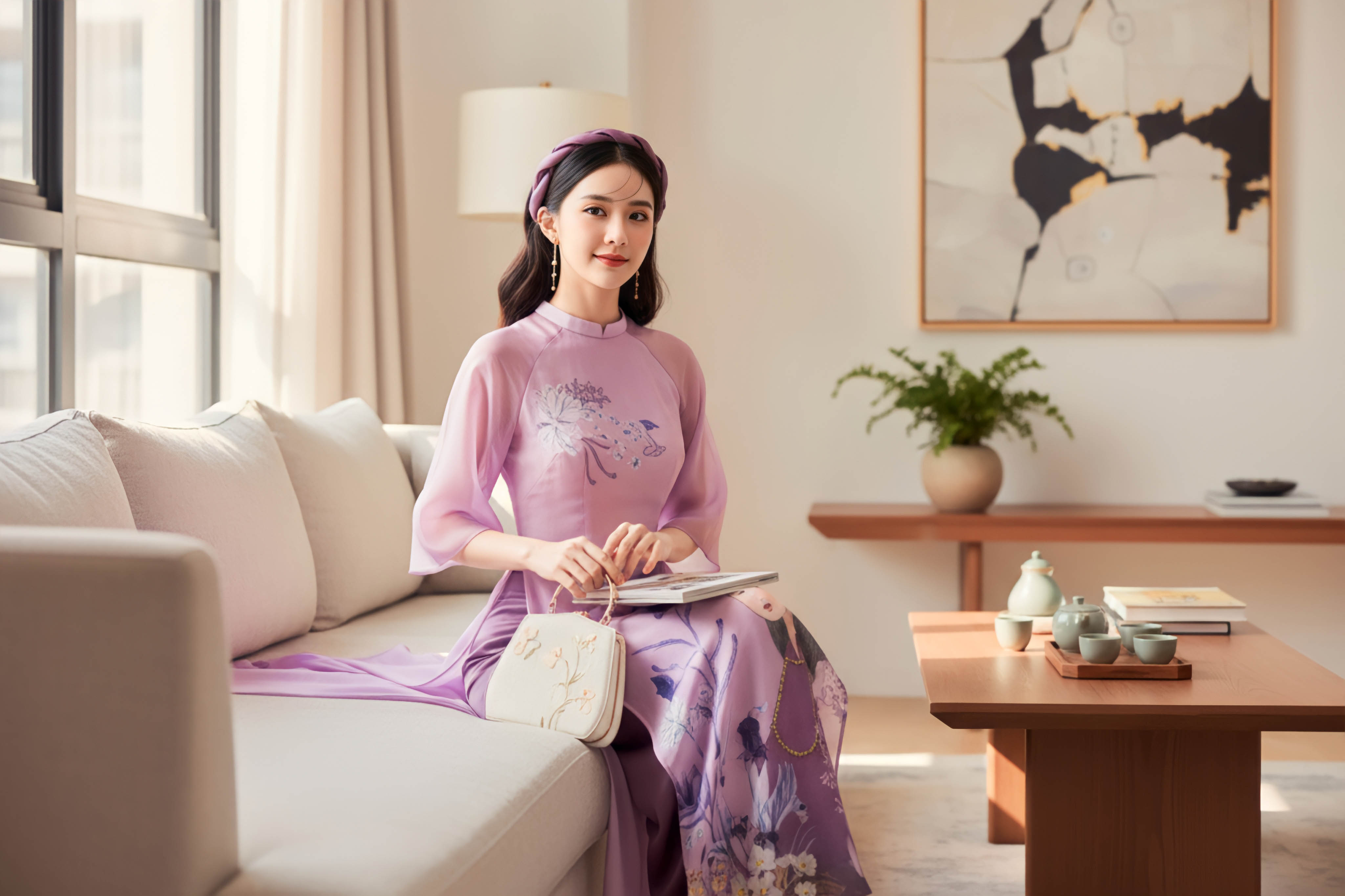 Set áo dài tơ dáng eo Cẩm Miên