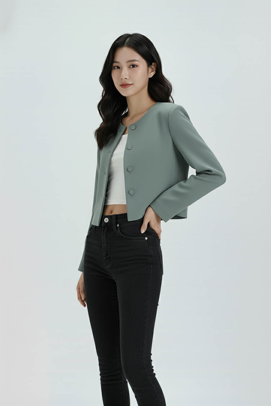 Vest ngắn cổ tròn cúc bọc