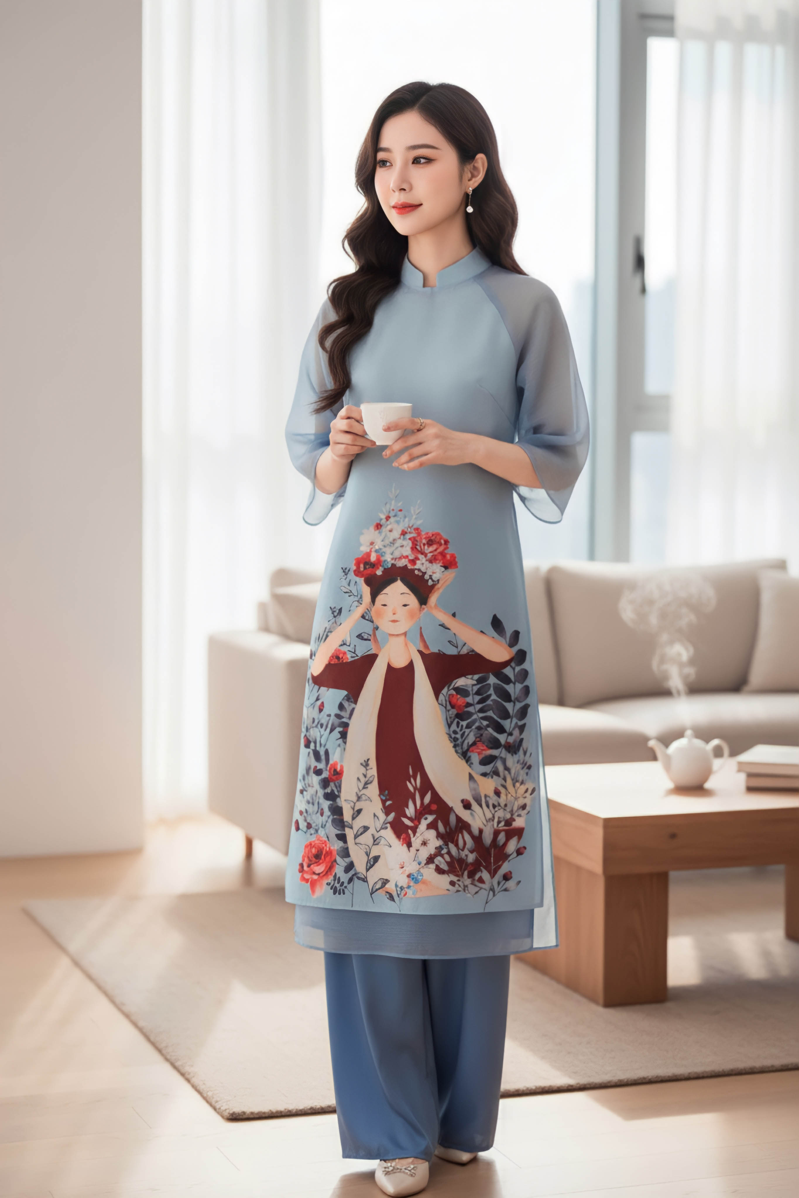 Sét áo dài in hình cô giá đội hoa