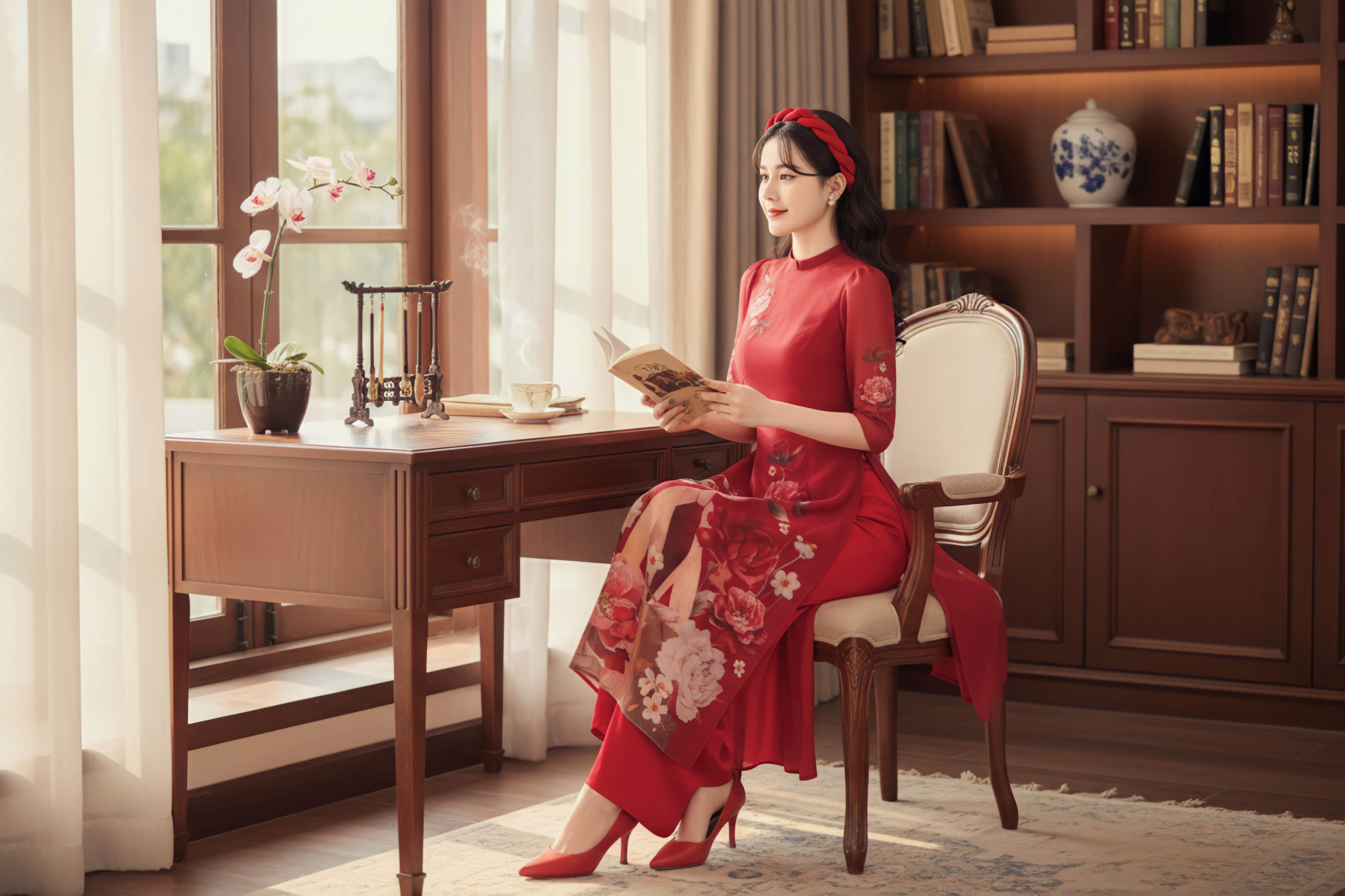 Set áo dài tơ tay bồng Văn Khôi