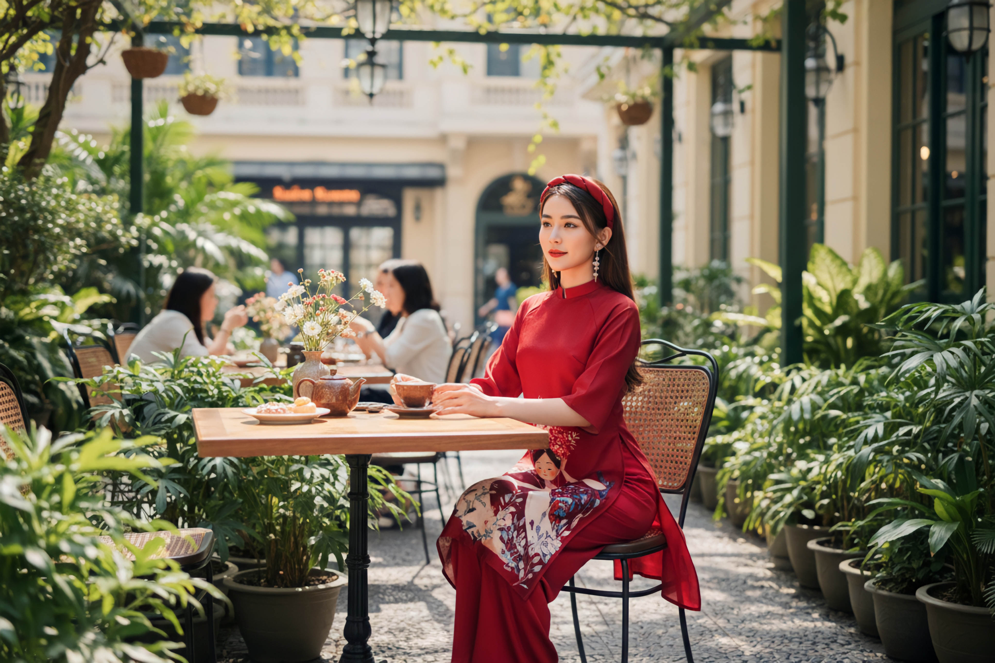 Sét áo dài in hình cô giá đội hoa