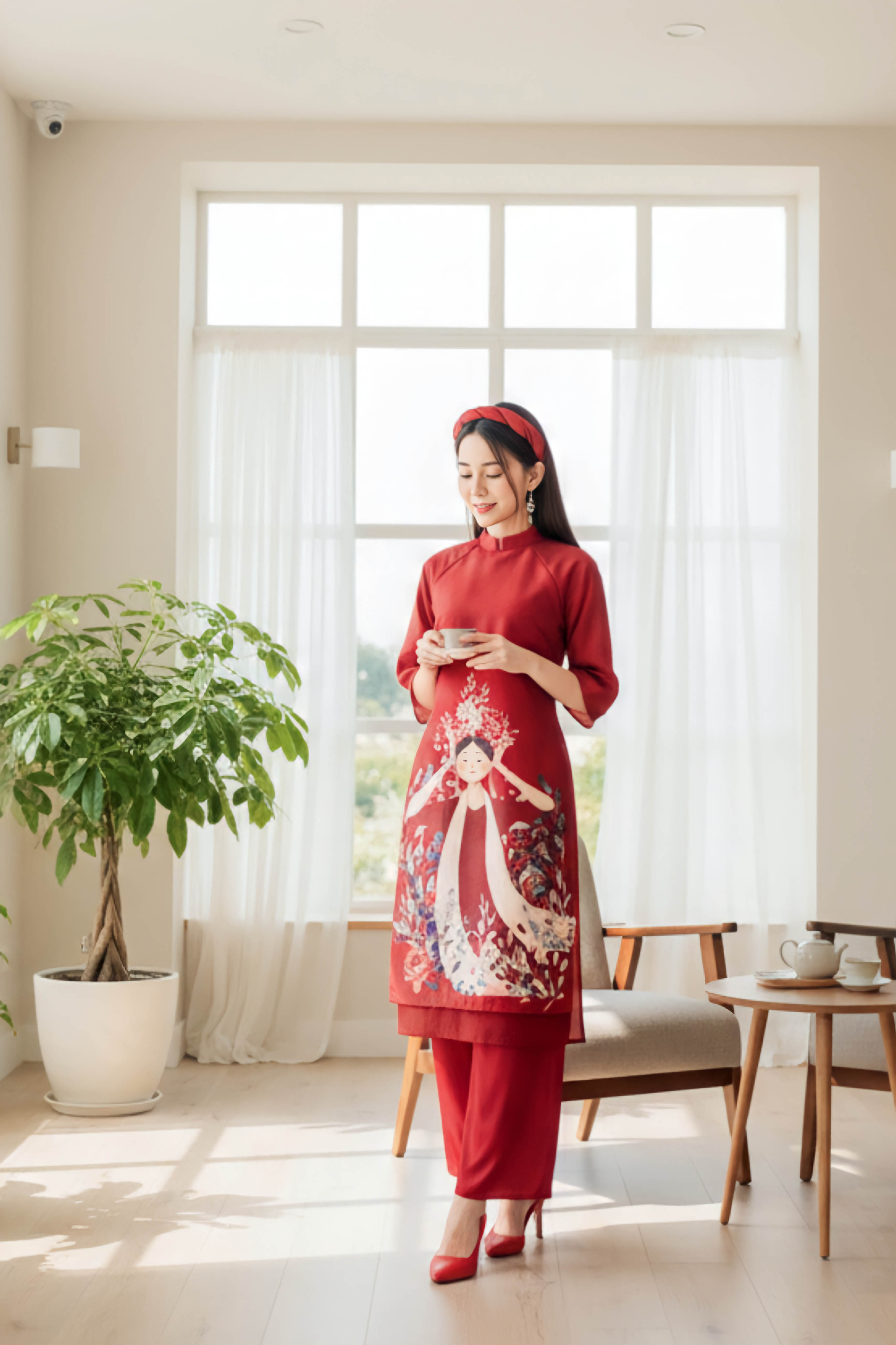 Sét áo dài in hình cô giá đội hoa