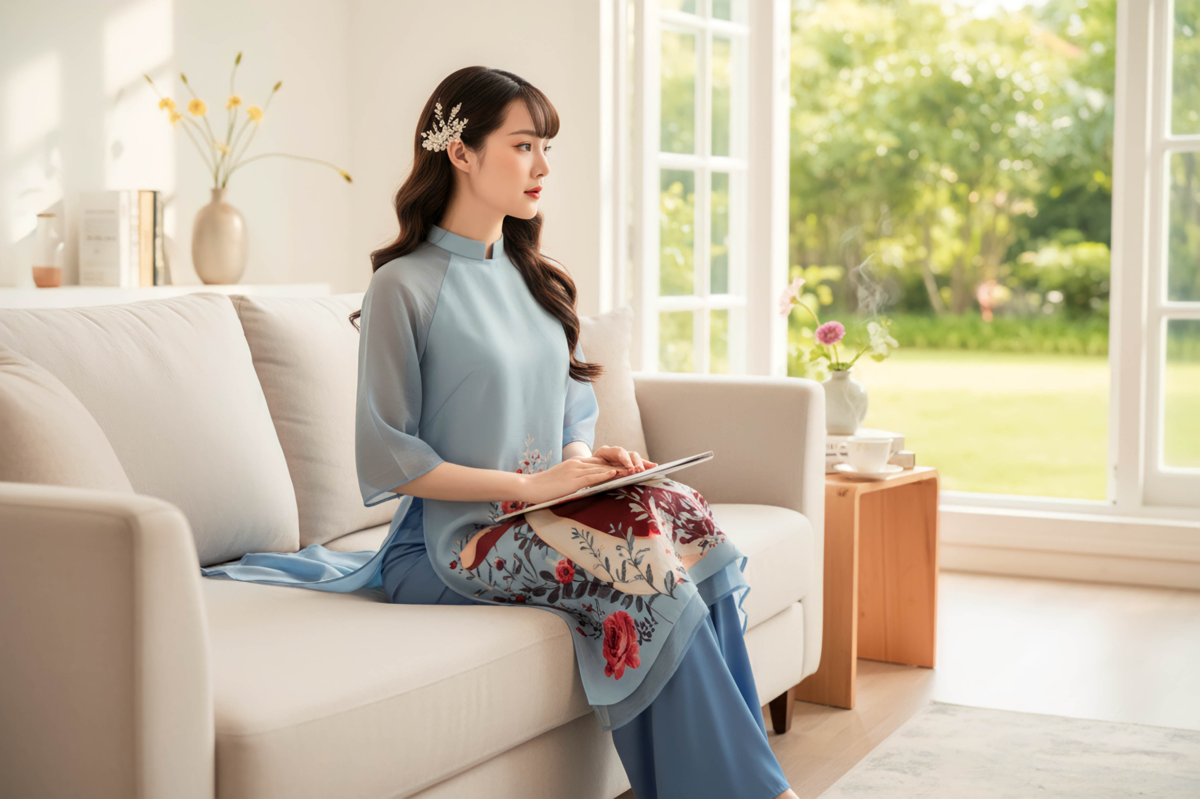 Sét áo dài in hình cô giá đội hoa