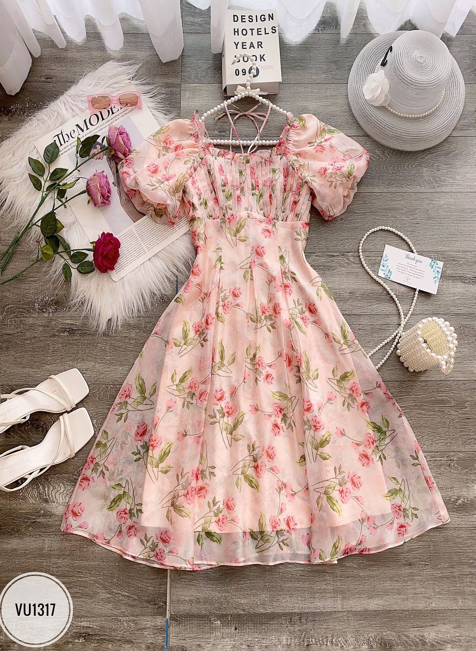 Váy cổ vuông thắt nơ bấu mí ngực thân can xòe