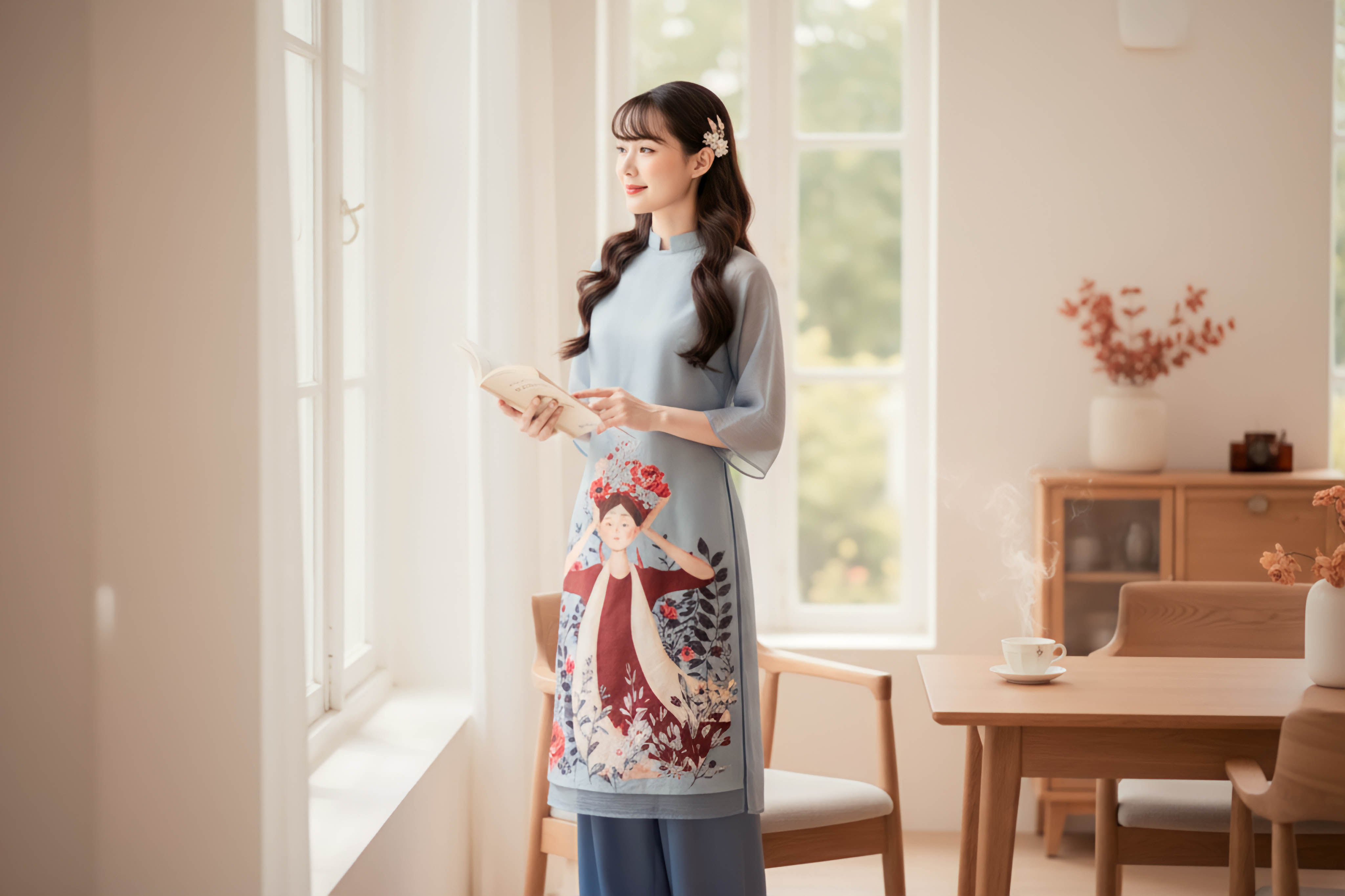 Sét áo dài in hình cô giá đội hoa