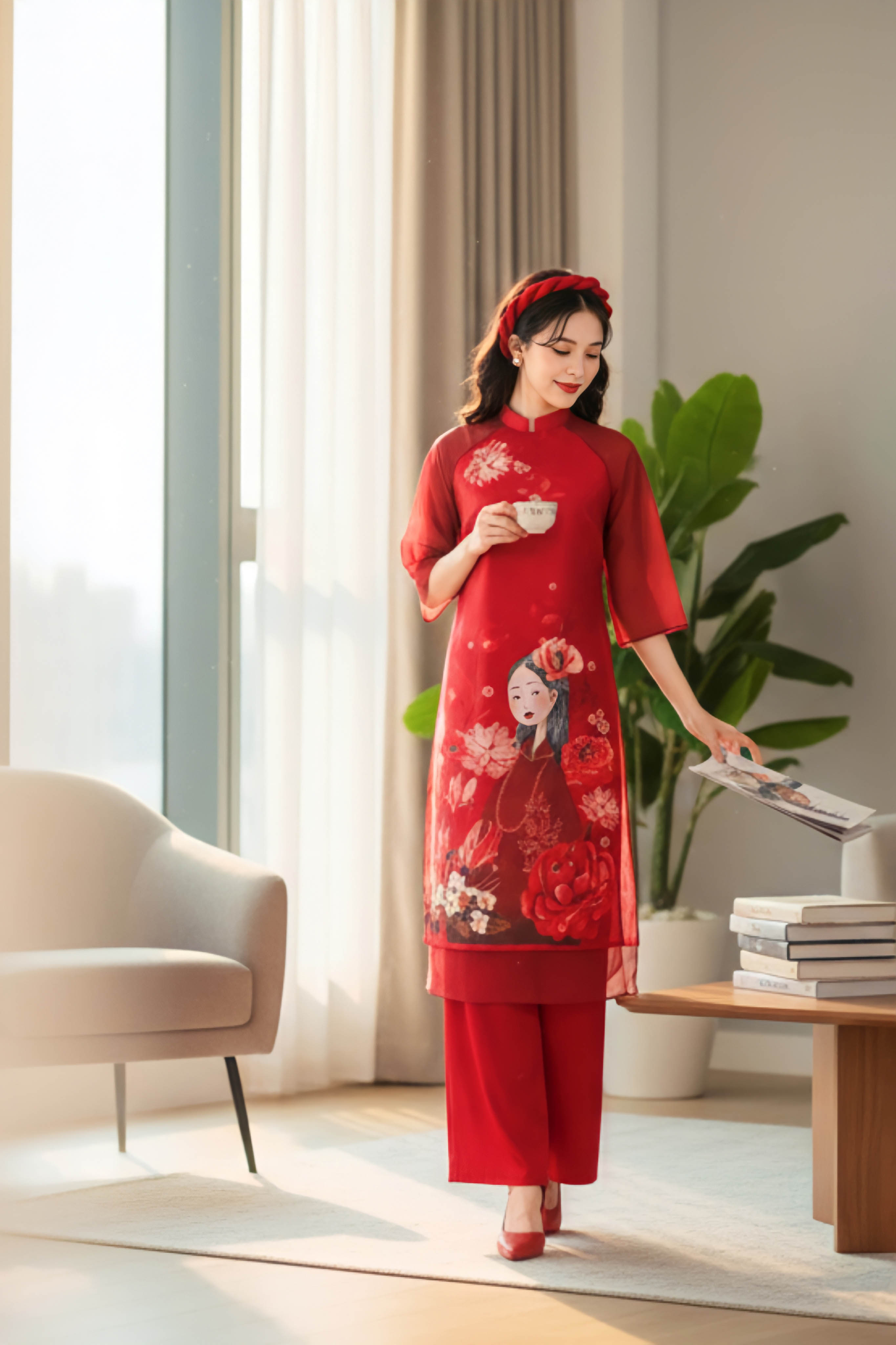 Áo dài taffa dáng suông Cẩm Miên