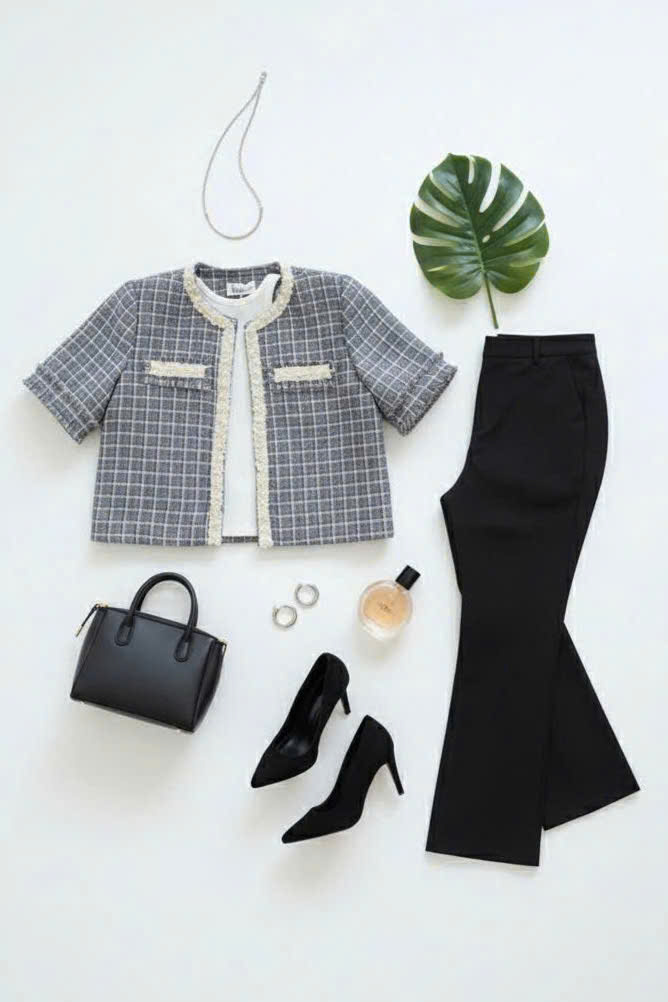 Áo tweed cổ tròn dáng suông ngắn rút rua cài cúc