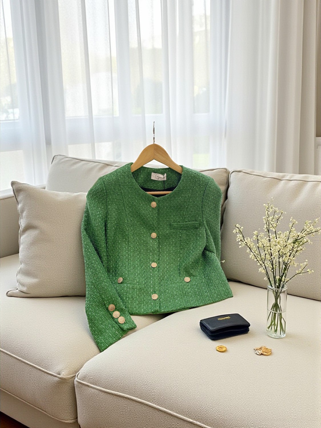 Áo tweed cổ tròn cài cúc túi cơi thân bổ mảnh