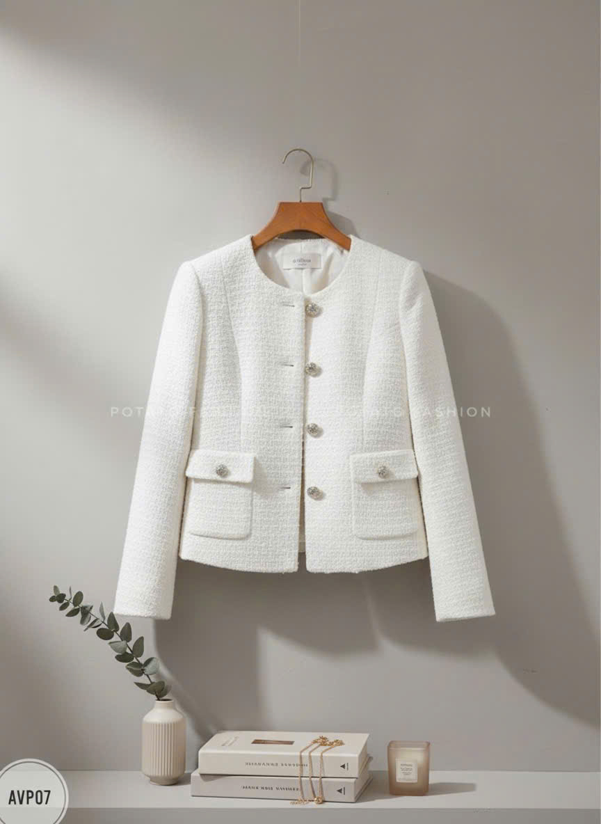 Áo dạ Tweed cổ tròn túi sườn