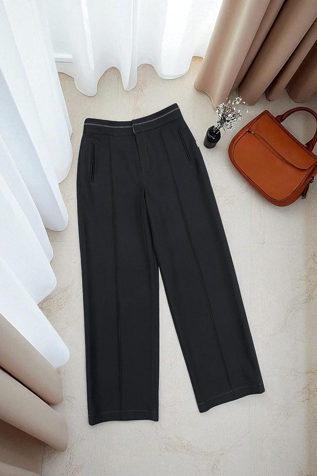 Quần suông khuy cài cạp diễu ziczac