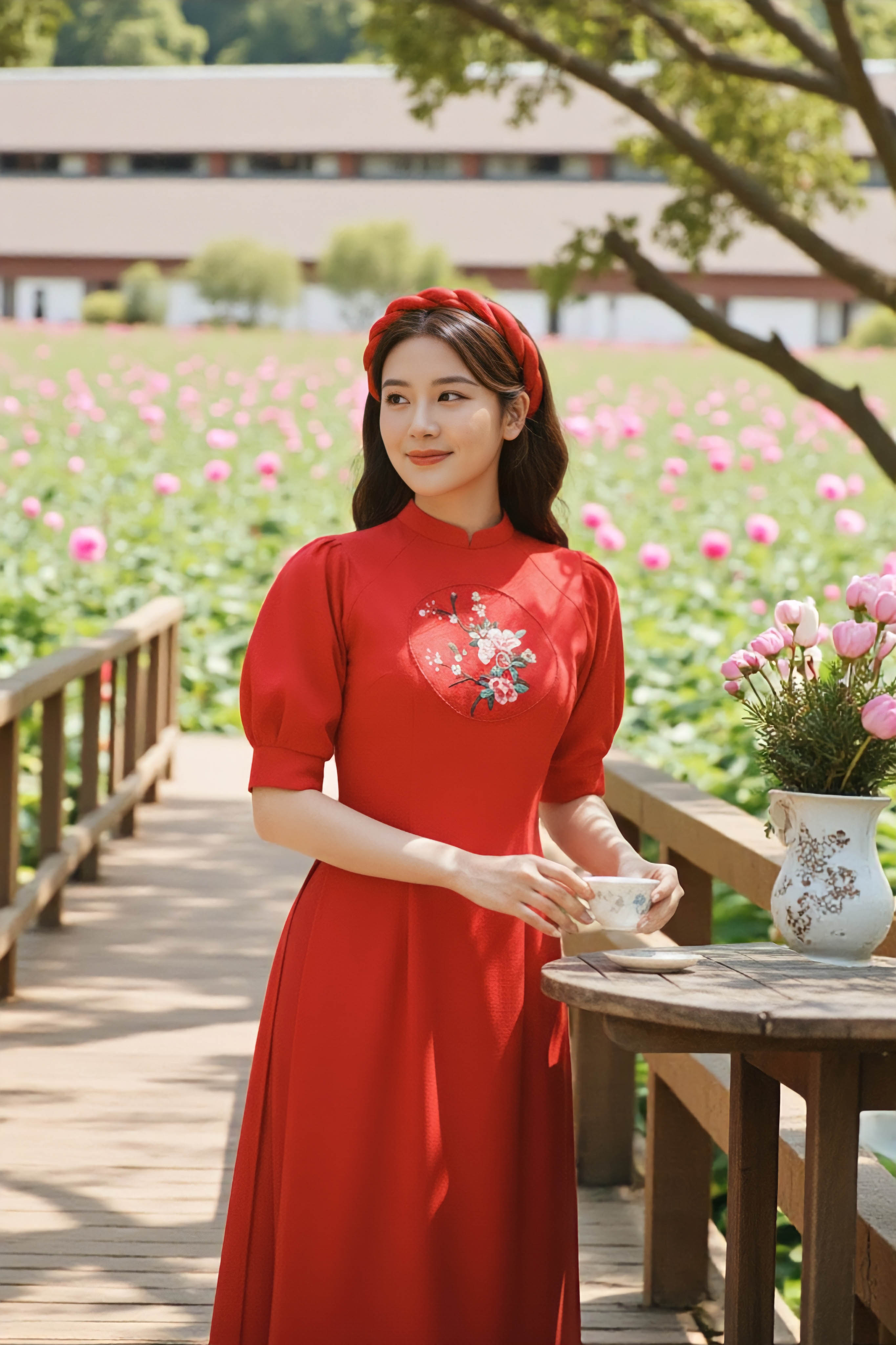 Áo dài cổ tàu tay xếp li thêu thủ công