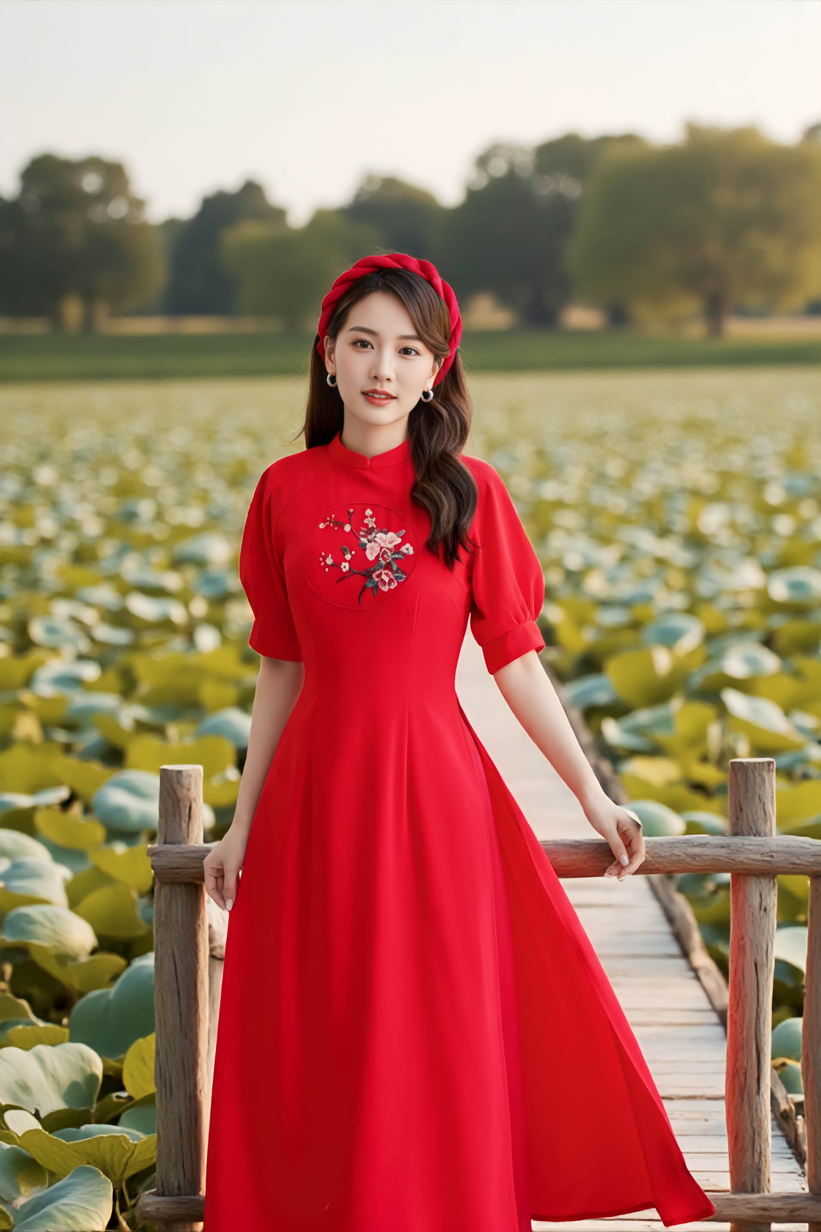 Áo dài cổ tàu tay xếp li thêu thủ công